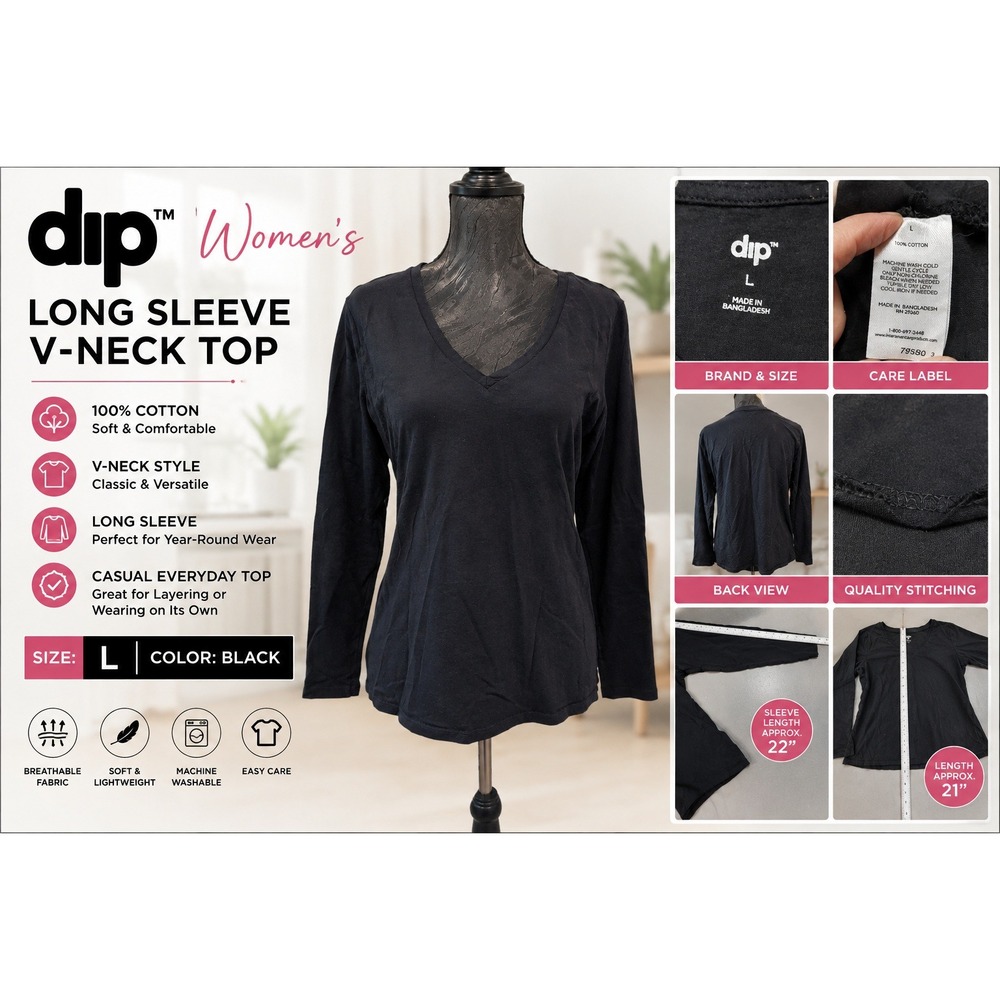 Dip Womens Long Sleeve V-Neck Top Black 100% Cotton Casual Tee Size L